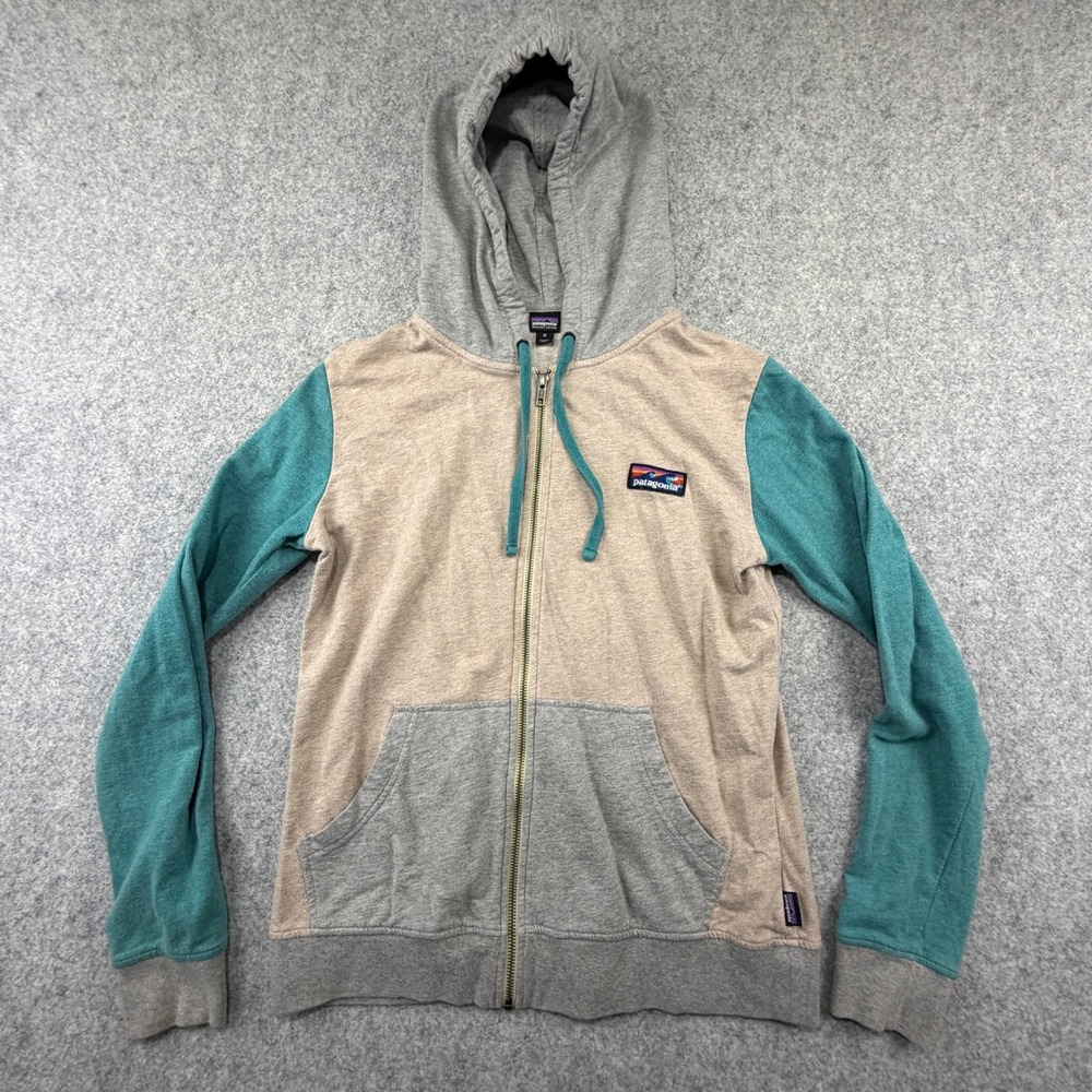 Patagonia Womens Organic Cotton Full Zip Colorblock Wave Logo Hoodie Tan Teal M